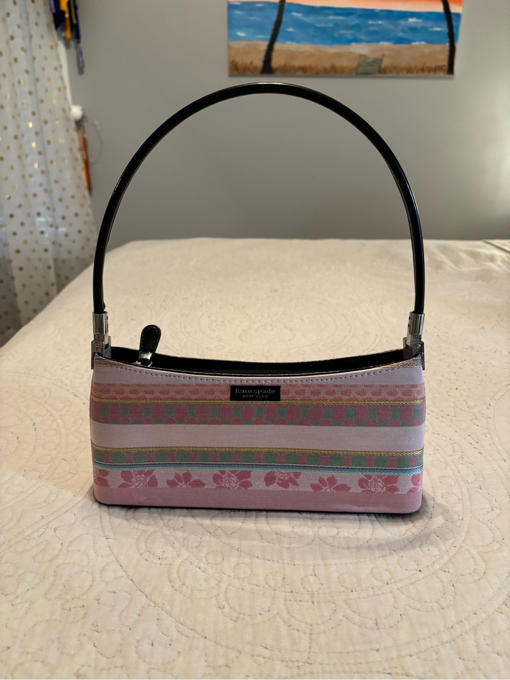 Kate Spade Y2K Pink Striped Floral Shoulder Bag